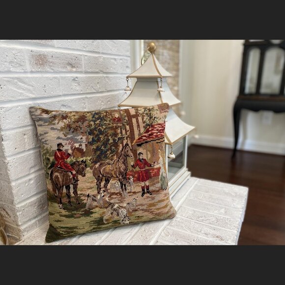 Equestrian Petit Point Needlepoint Pillow - Hounds and Horses - Fox Hunt - EUC - Picture 1 of 5